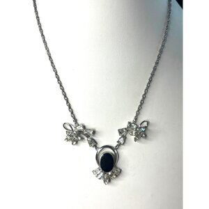 Vintage Signed Star-Art Silver Necklace With Black Onyx & Clear Rhinestones